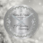 Elegant Diamond Jubilee 75th Wedding Anniversary Round Clock<br><div class="desc">Opulent elegance frames this 75th wedding anniversary design in a unique scalloped diamond design with center teardrop diamond with faux added sparkles on a silver colored gradient. Original design by Holiday Hearts Designs (rights reserved). Please note that all embellishments are printed and are only made to appear as real as...</div>
