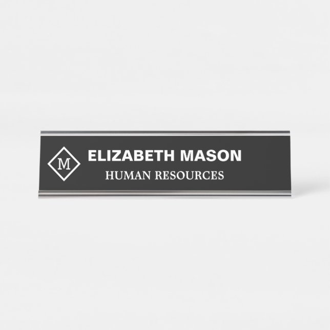 Elegant Diamond on Black White Customizable Desk Name Plate (Front)