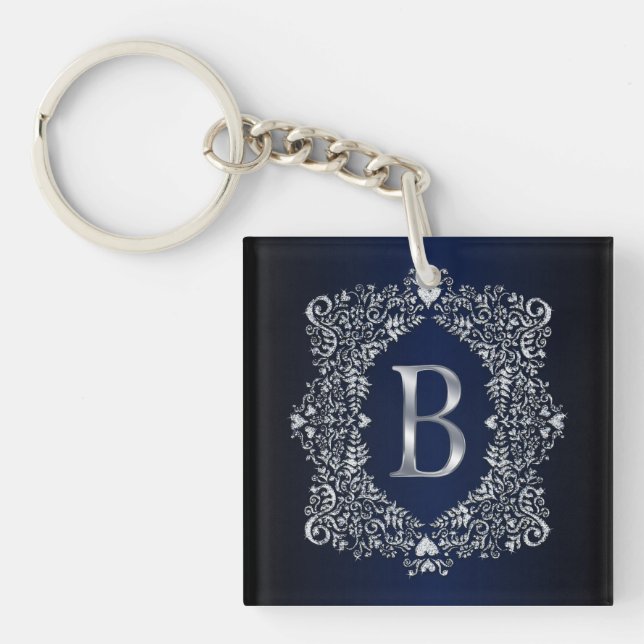 Elegant Diamond Ornate Frame Initial B  Keychain (Front)