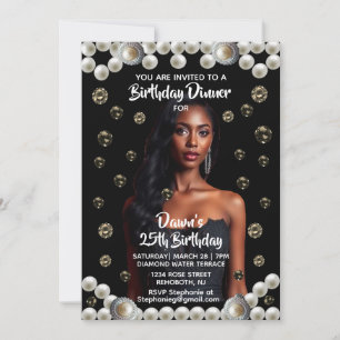 Elegant Diamond, & Pearl Photo Black Invitation