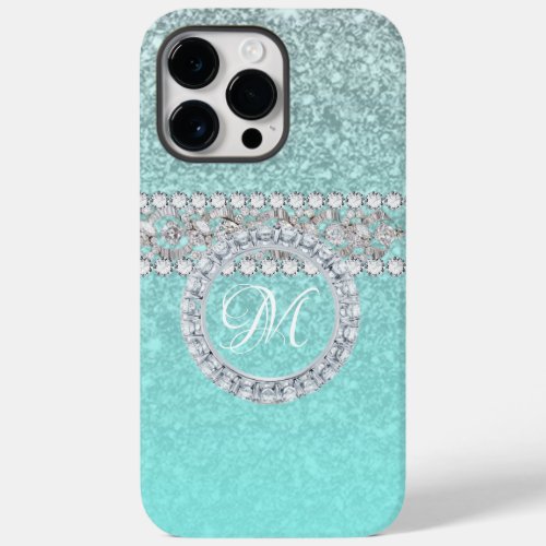Elegant Diamond Personalised Monogram on Blue Teal Case_Mate iPhone 14 Pro Max Case