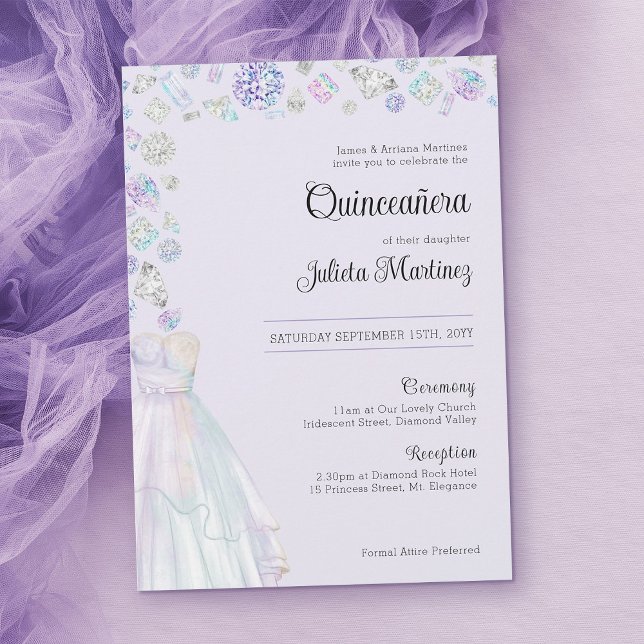 Elegant Diamond Princess Quinceanera and Mass Invitation (Elegant Quinceanera invitation template in light purple)