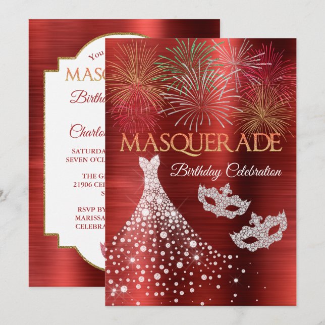 Elegant Diamond Red Glam Masquerade Invitation (Front/Back)