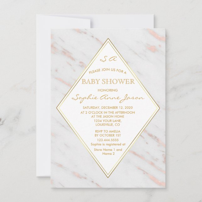 Elegant Diamond Rose Gold Marble Baby Shower Invitation (Front)