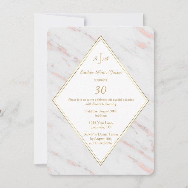 Elegant Diamond Rose Gold Marble Birthday Party Invitation (Front)