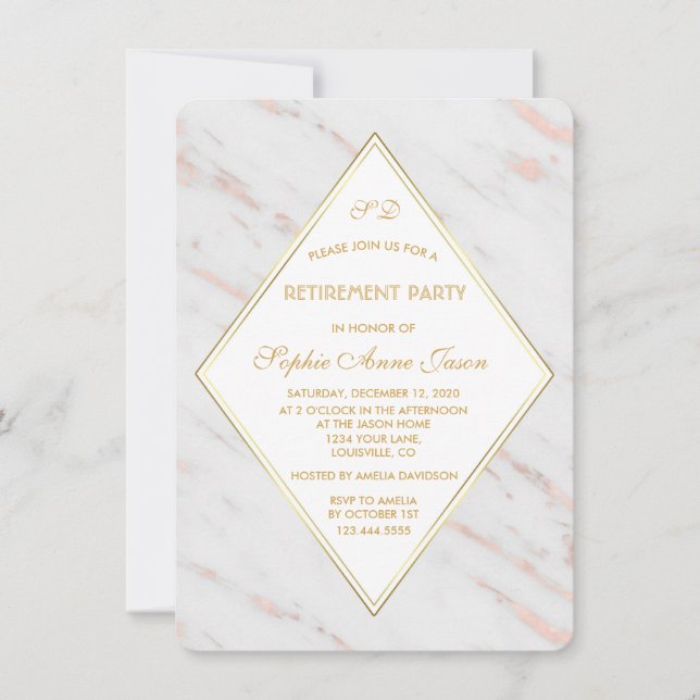 Elegant Diamond Rose Gold Marble Retirement Party Invitation (Front)