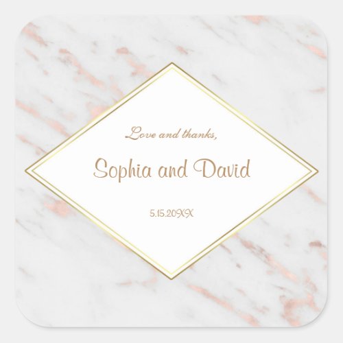 Elegant Diamond Rose Gold Marble Wedding Square Sticker