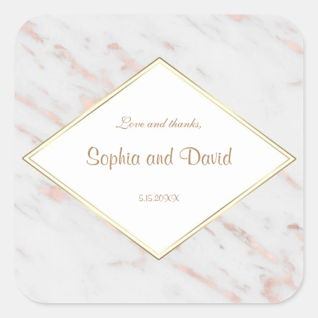 Elegant Diamond Rose Gold Marble Wedding Square Sticker (Front)