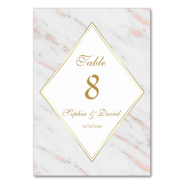 Elegant Diamond Rose Gold Marble Wedding Table Number (Front)