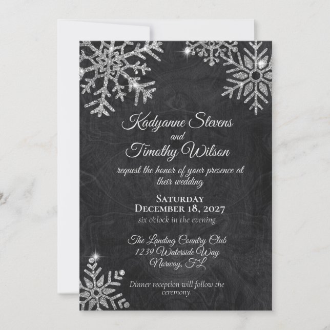 Elegant Diamond Snowflakes on Black Wedding Invitation (Front)