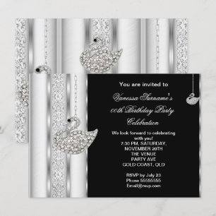 Elegant Diamond Swan White Silver Black Birthday Invitation