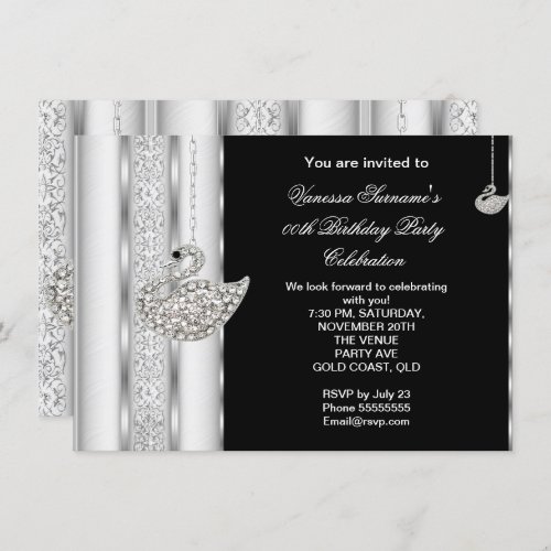 Elegant Diamond Swan White Silver Black Birthday Invitation