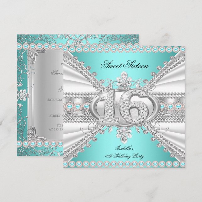 Elegant Diamond Teal Sweet 16 Sixteen Party A Invitation (Front/Back)