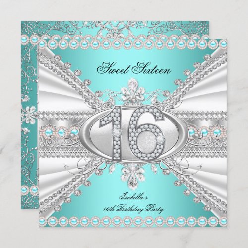 Elegant Diamond Teal Sweet 16 Sixteen Party Invitation