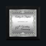 Elegant Diamonds 10th Wedding Anniversary Gift Box<br><div class="desc">Opulent elegance frames this 10th wedding anniversary design in a unique scalloped diamond design with center teardrop diamond with heart-shaped diamond accents and faux added sparkles on a silver-tone gradient. Please note that all embellishments are printed and are only made to appear as real as possible in a flat, printed...</div>