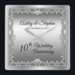 Elegant Diamonds 10th Wedding Anniversary Square Wall Clock<br><div class="desc">Opulent elegance frames this 10th wedding anniversary design in a unique scalloped diamond design with center teardrop diamond with heart-shaped diamond accents and faux added sparkles on a silver-tone gradient. Please note that all embellishments are printed and are only made to appear as real as possible in a flat, printed...</div>