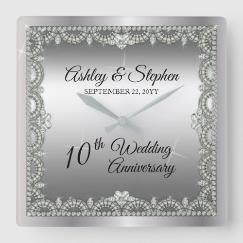 Elegant Diamonds 10th Wedding Anniversary Square Wall Clock