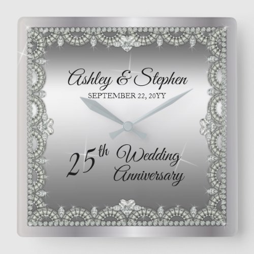 Elegant Diamonds 25th Wedding Anniversary Square Wall Clock