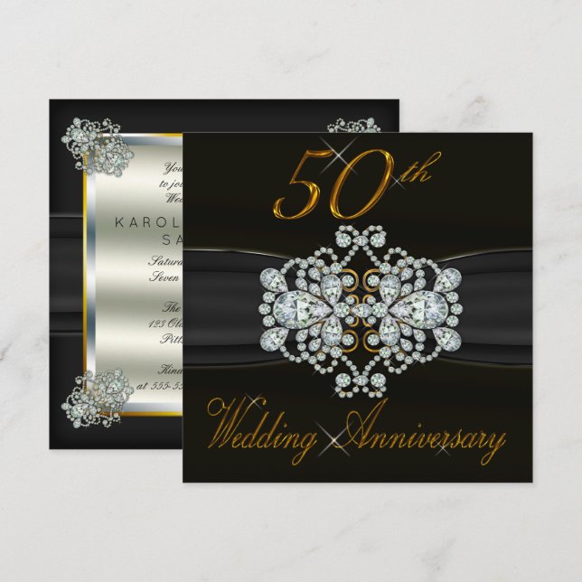 Elegant Diamonds 50th Gold Wedding Anniversary Invitation (Front/Back)