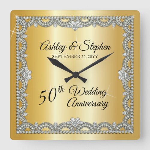 Elegant Diamonds 50th Wedding Anniversary Square Wall Clock