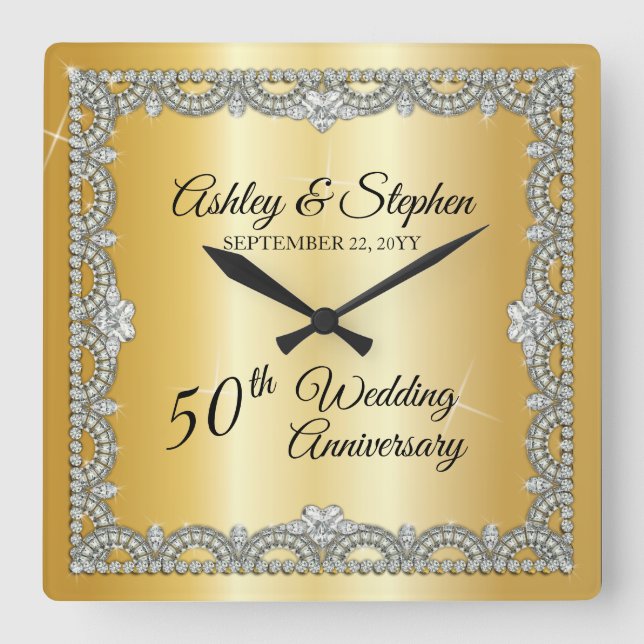 Elegant Diamonds 50th Wedding Anniversary Square Wall Clock (Front)