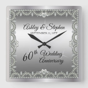 Elegant Diamonds 60th Wedding Anniversary Square Wall Clock