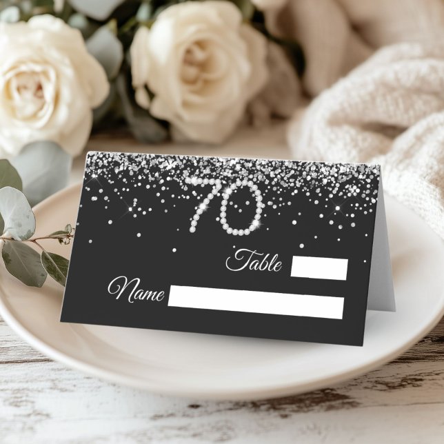 Elegant Diamonds 70th Birthday Party Place Card (Silver Diamonds 70th Birthday Party decor place card)