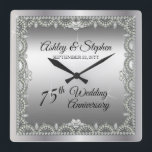 Elegant Diamonds 75th Wedding Anniversary Square Wall Clock<br><div class="desc">Opulent elegance frames this 75th wedding anniversary design in a unique scalloped diamond design with heart-shaped diamond accents and faux added sparkles on a silver-tone gradient. Please note that all embellishments are printed and are only made to appear as real as possible in a flat, printed design. This includes any...</div>