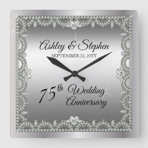 Elegant Diamonds 75th Wedding Anniversary Square Wall Clock