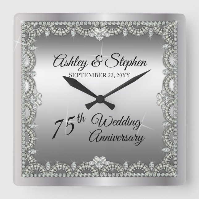 Elegant Diamonds 75th Wedding Anniversary Square Wall Clock (Front)