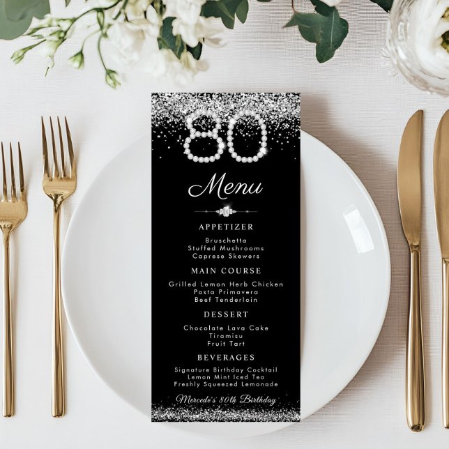 Elegant Diamonds 80th Birthday Dinner Flat Menu (Silver Diamonds 80th birthday Menu Card)