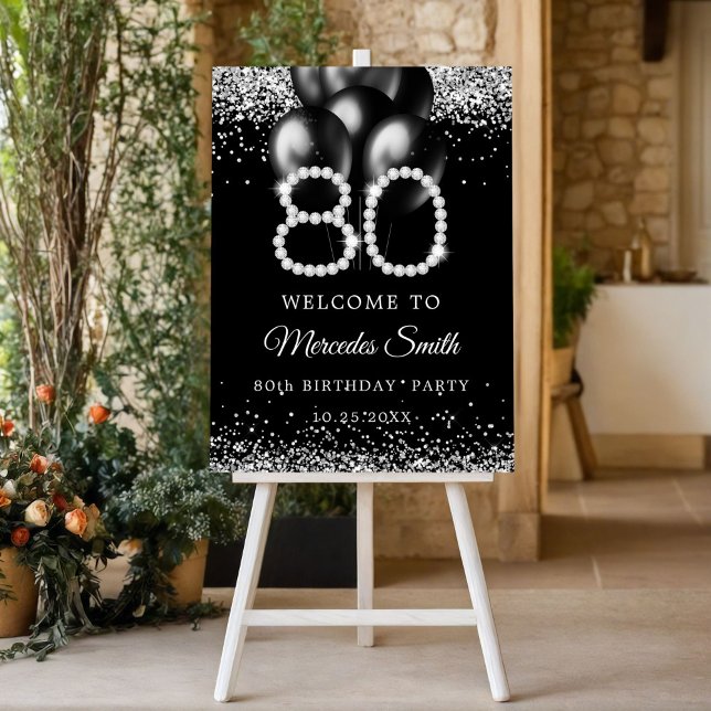 Elegant Diamonds 80th Birthday Party Welcome Sign (Elegant 80th Birthday Party welcome sign)
