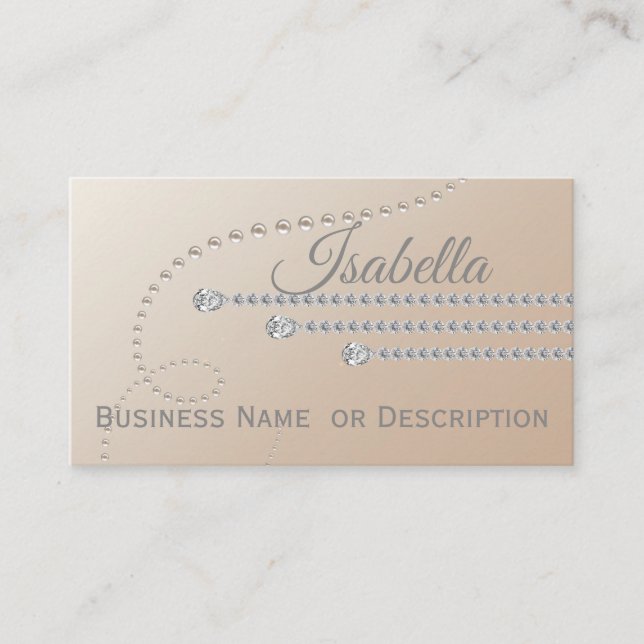 Elegant Diamonds and Pearls on Beige Business Card (Front)