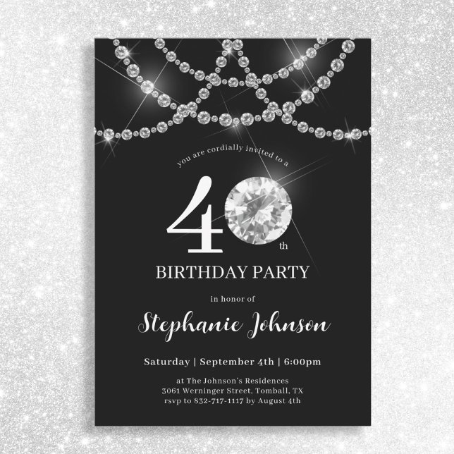 Elegant Diamonds Black 40th Birthday Party Invitation (Mockup View)