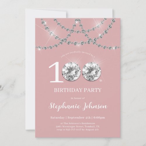 Elegant Diamonds Blush Pink 100th Birthday Party Invitation
