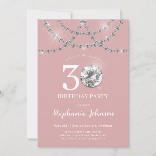 Elegant Diamonds Blush Pink 30th Birthday Party Invitation