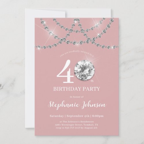 Elegant Diamonds Blush Pink 40th Birthday Party Invitation