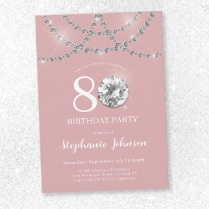 Elegant Diamonds Blush Pink 80th Birthday Invitation