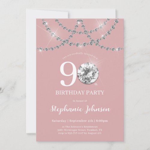 Elegant Diamonds Blush Pink 90th Birthday Party Invitation