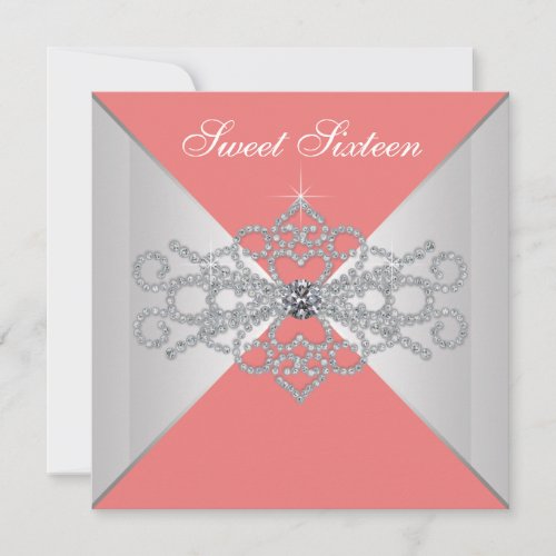 Elegant Diamonds Coral Sweet 16 Birthday Party Invitation