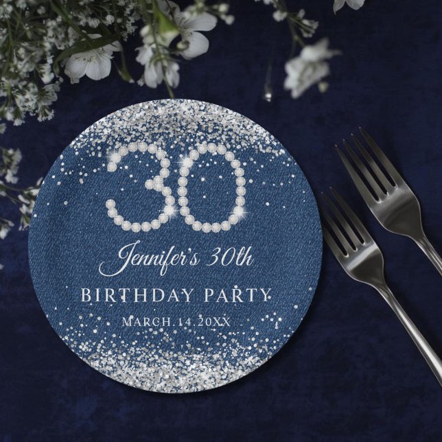 Elegant Diamonds & Denim 30th Birthday Party Paper Plates (Diamonds & denim 30th Birthday Paper plate)