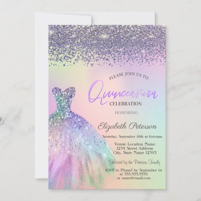 Elegant Diamonds, Dress Holographic Quinceanera Invitation (Front)