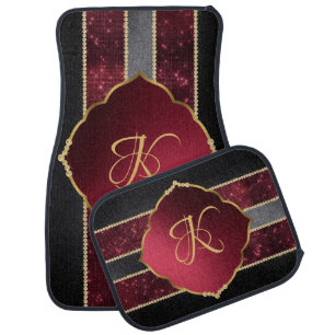 Elegant Diamonds Gold Monogram Black Red Car Floor Mat