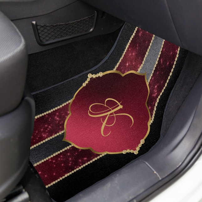 Elegant Diamonds Gold Monogram Black Red Car Floor Mat (Creator Uploaded)