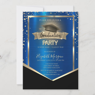 Elegant Diamonds Grad Cap Blue Metallic Graduation Invitation