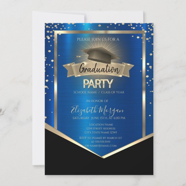 Elegant Diamonds Grad Cap Blue Metallic Graduation Invitation (Front)