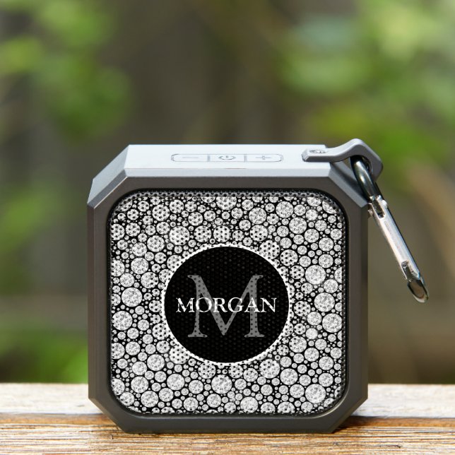 Elegant Diamonds, Grey Monogram & Name on Black Bluetooth Speaker (Insitu(Outdoor))