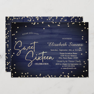 Elegant Diamonds Navy Blue Gold Script Sweet 16 Invitation