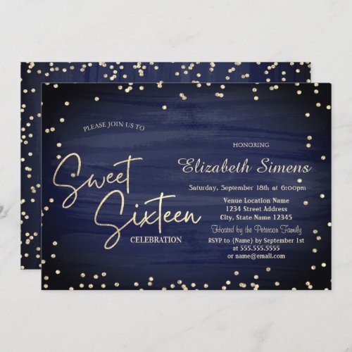  Elegant Diamonds Navy Blue Gold Script Sweet 16 Invitation