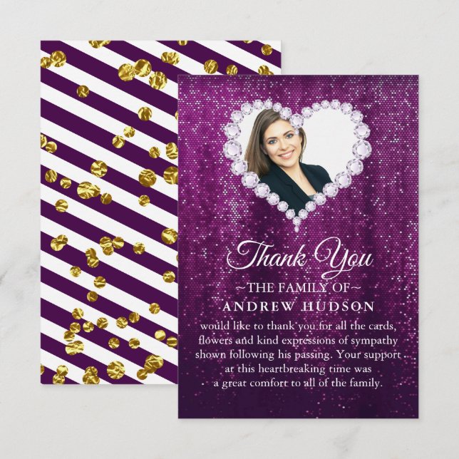 Elegant Diamonds Purple Funeral Thank You Card (Front/Back)